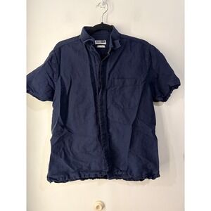 Giordano 100% Linen Shirt Mens L Navy Blue Short Sleeve Button Front